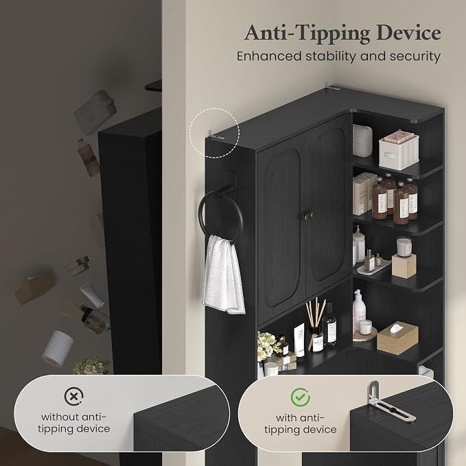 7-Tier L-Shaped Wooden Over the Toilet Storage Cabinet with Doors, Modern Over Toilet Bathroom Organizer Shelf with 2 Large Drawers, Bathroom Over Toilets Storage Cabinet, Space Saver, Black - Image 8