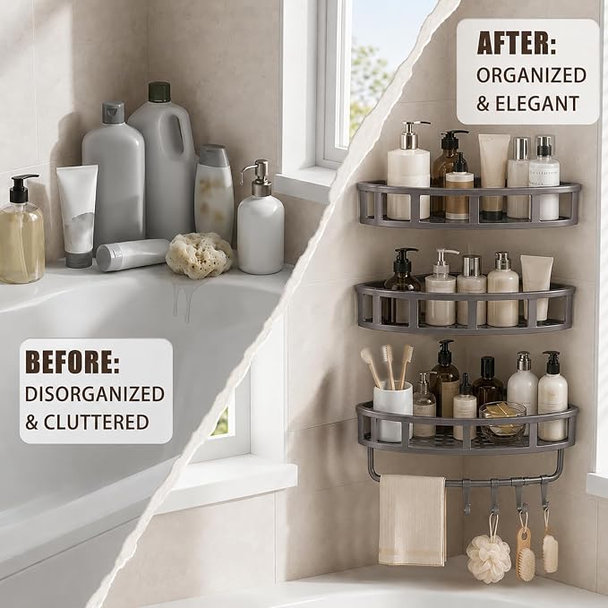 Shower Caddy Hanging 3 Pack, Rustproof Adhesive Corner Shower Shelves - Image 8
