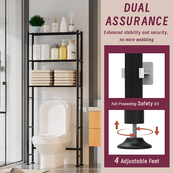3-Tier Over The Toilet Storage Cabinet with Paper Holder and 4 Hooks, Metal Over Toilet Bathroom Organizer and Storage Shelf, Bathroom Shelves for Living Room/Laundry/Balcony(Black) - Image 3