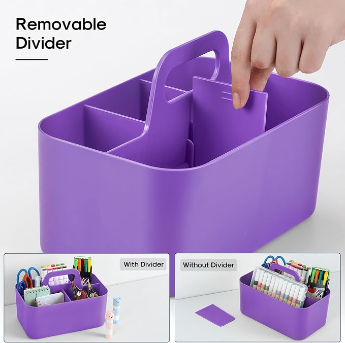 Multiuse Caddy Organizer with Handle, Portable Divided Plastic Tote Bin - Art Craft, Stationary Pen Marker Crayon, Makeup Hair Supplies Storage - Bathroom, Classroom, Dorm, Office, Desk Holder -Purple - Image 6