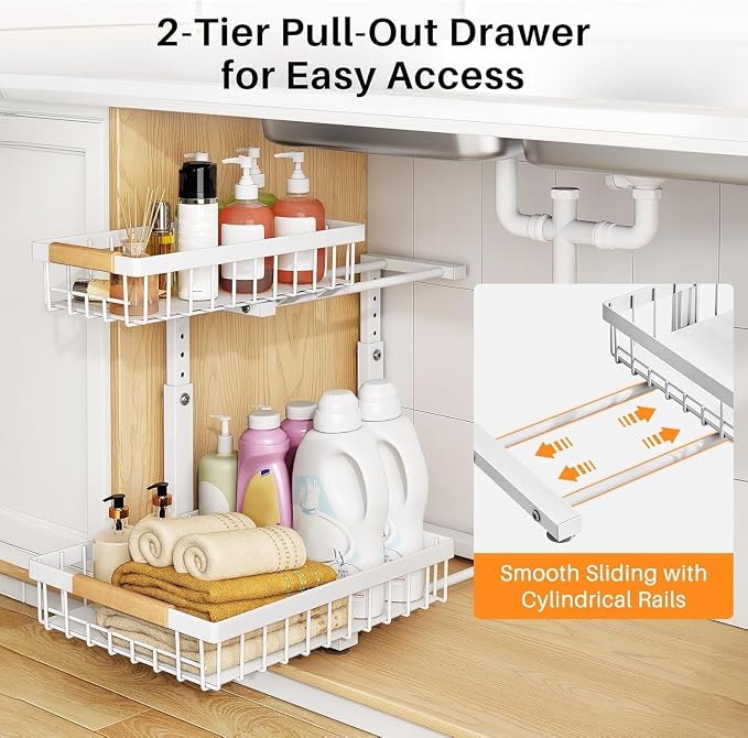 PXRACK Under Sink Organizer, Adjustable Height, 2 Tier Pull Out Under Cabinet Organizer, Slide Out Thickened Metal Under Sink Storage for Kitchen Bathroom Laundry Pantry Cabinet, White, Small-2-Pack - Image 3