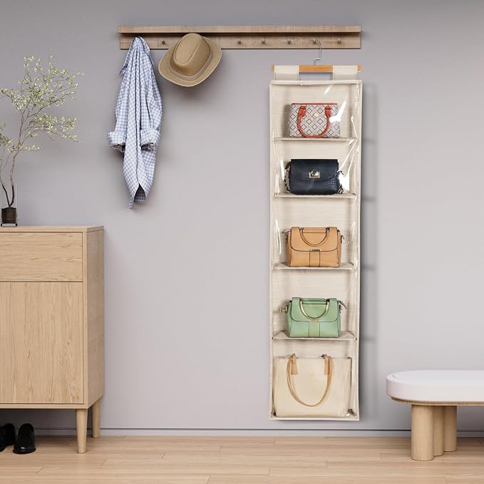 Syeeiex Over the Door Purse Organizer with Zippers, 5 Mesh Shelves, Beige - Image 6