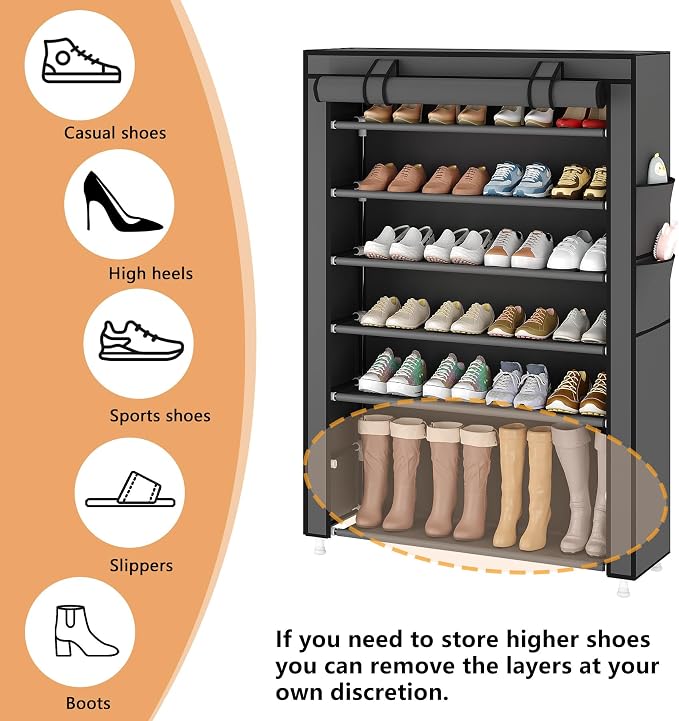 Laiensia 7-Tier Vertical Shoe Rack Organizer, Space Saving Shoe Storage Organizer, Non-Woven Cover Shoe Shelf Holds 28-35 Pairs for Bedroom, Hallway, Closet Entryway, Grey - Image 5