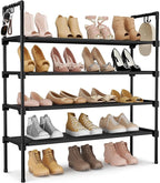 LANTEFUL 4 Tier Shoe Rack for Closet Shoe Organizer with 5 Hooks, Long Shoe Shelf Storage for Shoe and Boot Stackable Free Standing Shoe Rack for Entryway, Garage, Small Spaces, Dorm, Black by LANTEFULforTidyingHouse
