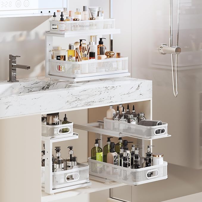 2 Pack 18.5IN-Depth Under Sink Organizer With Next-Gen Ball-Bearing Slides,2-Tier Precision Mesh Pull Out Cabinet Storage for Bathroom&Kitchen,Height Adjustable Drawers Shelf,Anti-rust-White - Image 7