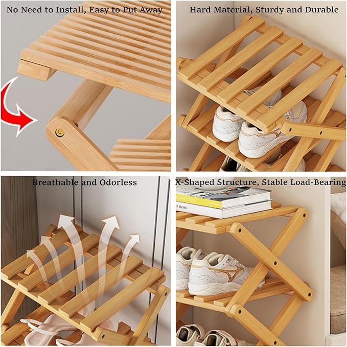 7 Tier Foldable Shoe Rack, Bamboo Vertical Shoe Organizer Tall for Multifunctional Narrow Shoe Shelf for Entryway, Closet, Corner, Bedroom, Hallway(Natural) - Image 4