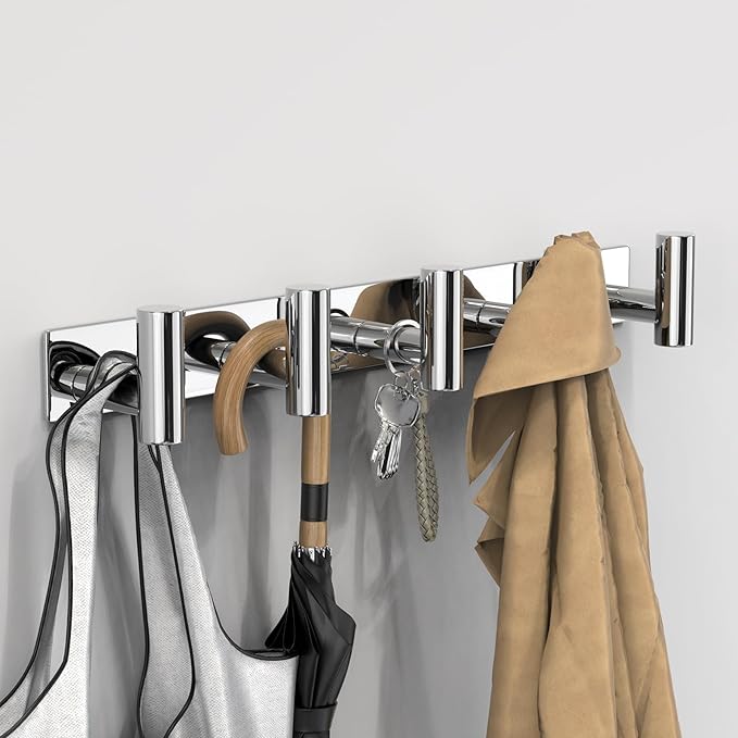 VAEHOLD Hat and Coat Wall Mount Rack - Hooks for Robes, Bags, Keys, and Towels - Bathroom Towel Hanger Organizer (Polished Chrome, “T“ Shape 5 Hooks 2 Pack) - Image 2