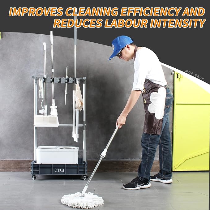 Broom mop holder cleaning supplies organizer janitorial carts on wheels housekeeping station storage tools for garage, garden, closet, cabinet. - Image 3
