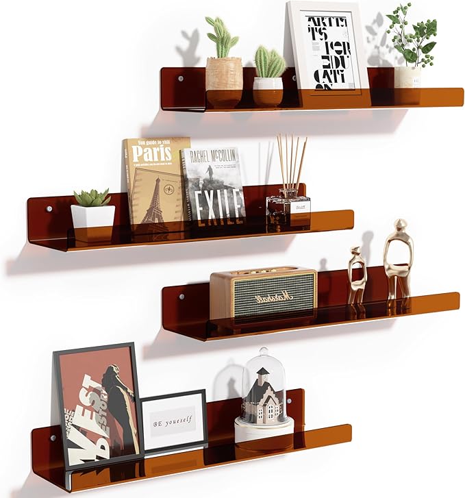 upsimples 4 Pcs 15" Acrylic Shelves for Wall Decor and Display, Brown - Image 4