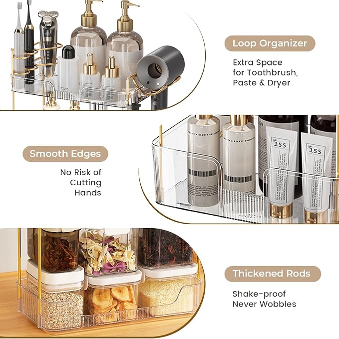 Aveniee Bathroom Counter Organizer Countertop, 3 Tier Makeup Perfume Storage with Hair Dryer Rack and Toothbrush Holder, Cosmetic Tray for Vanity - Clear - Image 7