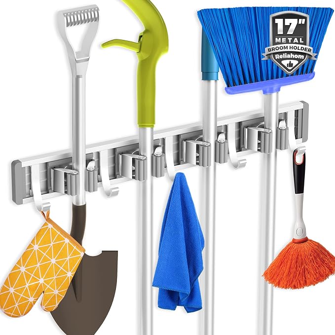 reliahom Broom Holder Wall Mount Mop Hanger Tools organizer 4Racks 5Hooks by reliahom