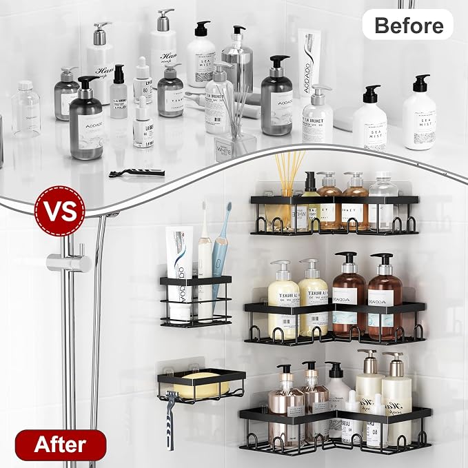 Liuoud Corner Shower Caddy 5 Pack Adhesive Stainless Steel Organizer Black - Image 9