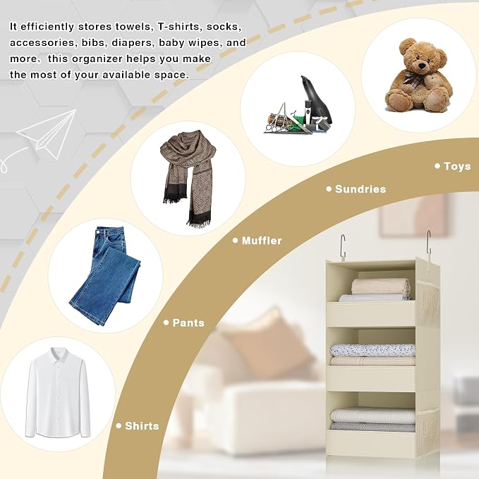 3-Shelf Hanging Closet Organizer, Washable Foldable Storage Shelves, Beige | Front lip keeps items secure; side pockets add room; Oxford fabric handles towels, shirts, baby items, dorms, RVs or travel. - Image 8