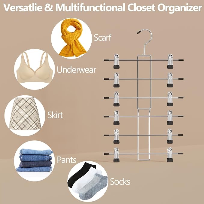 4 Pack Pants & Skirt Hangers Space Saving Hanging Closet Organizer and Storage, Upgrade Skirt Hangers with Clips and 360° Swivel Hook, Closet Storage - Image 5