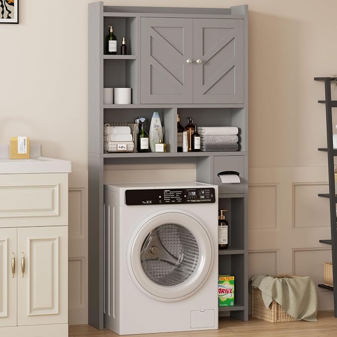 Shintenchi Over the Toilet Storage Cabinet, Bathroom Storage Cabient with Barn Doors, Bathroom Storage Shelf Organizer with Toilet Paper Holder, Adjustable Shelf and Anti-Tip Device, Gray - Image 3