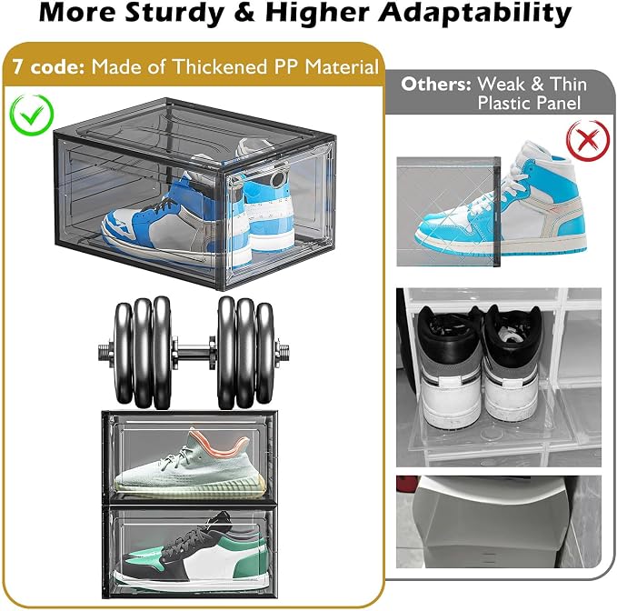 Large Thick Clear Shoe Organizer, Magnetic Door Stackable Shoe Storage Box | Foldable Shoe Storage Boxes for Sneakers & Boots, Space-Saving Closet Shoe Cabinet with Clear Magnetic Door, 9 Pack Black - Image 5