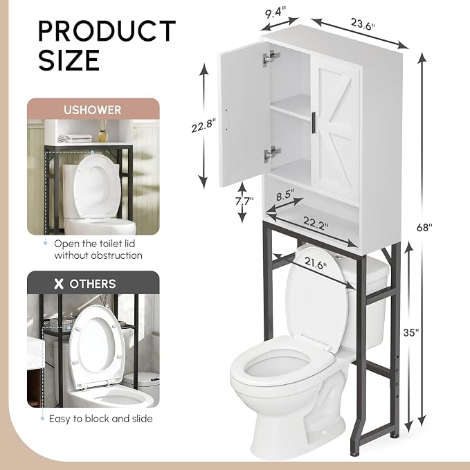 USHOWER White Over The Toilet Storage Cabinet with Barn Doors - Image 2