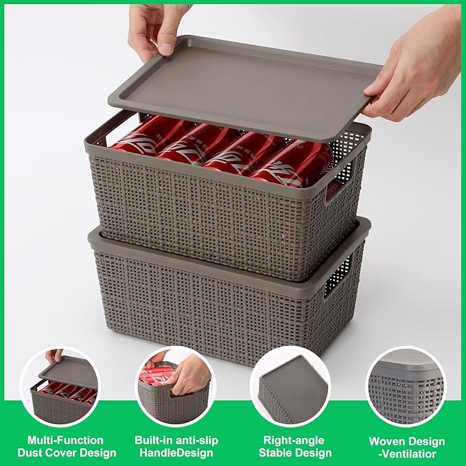 6 Pack Plastic Storage Baskets with Lid,Grey Stackable Bins - Image 4