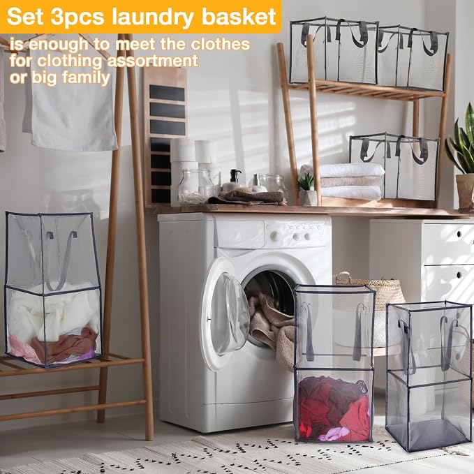 Zopeal 3 Pack Collapsible Mesh Laundry Basket, Grey, Double-layer - Image 4