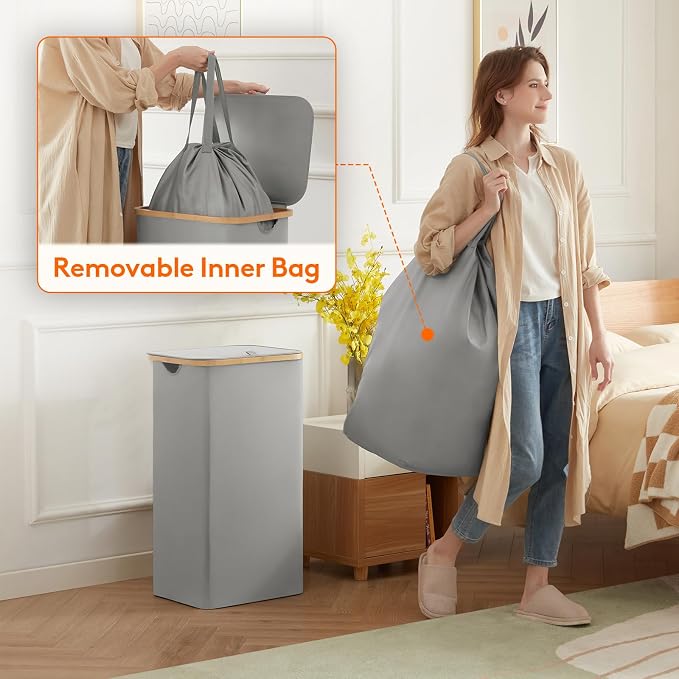 Lifewit 105L Large Laundry Basket with Lid, Removable Bags, Silver Gray - Image 2