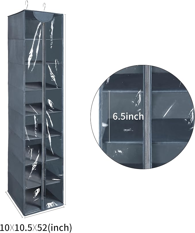 8 Tier Clear PVC Hanging Organizer With Zipper, Sweater Storage Shelves With Cover, Shoe Organizer for Closet, Grey - Image 7