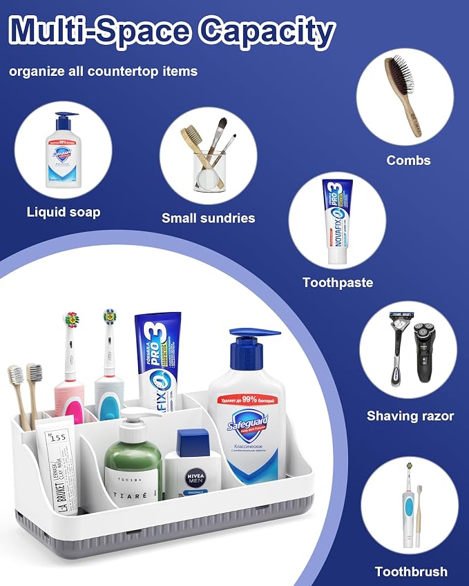 Bathroom Counter Organizer and Storage, 7 Slots Detachable Toothbrush Holders for Bathrooms, Anti-Slip Electric Toothbrush and Toothpaste Holder Countertop Vanity Organizer Accessories for Adults Kids - Image 7