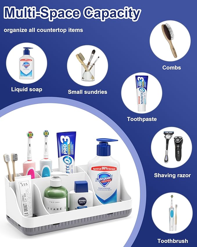 Bathroom Counter Organizer and Storage, 7 Slots Detachable Toothbrush Holders for Bathrooms, Anti-Slip Electric Toothbrush and Toothpaste Holder Countertop Vanity Organizer Accessories for Adults Kids - Image 7