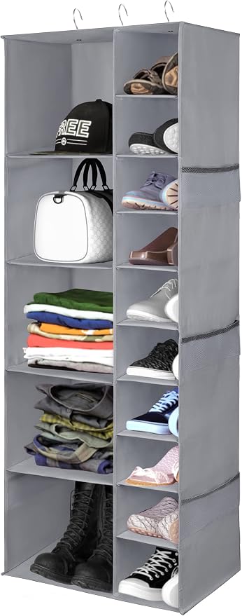 Libeder Shoe Organizer for Closet, 15 Shelf Hanging Closet Storage Shelves - 10 Shoe Rack Organizer and 5 Compartment for Clothes with 6 Side Mesh Pockets for Scarves Socks,Gloves, Grey by Libeder
