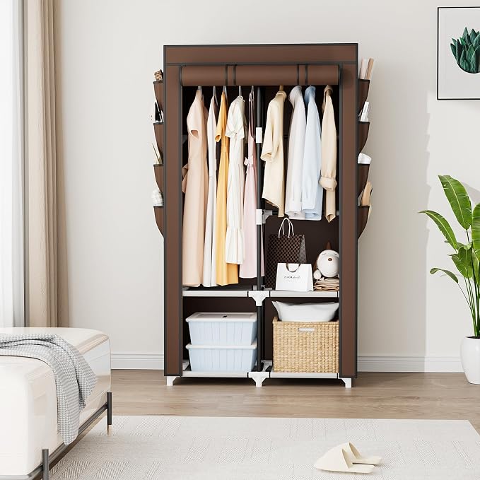 Portable Closet for Hanging Clothes, Portable Wardrobe Closet with Cover, 4 Storage Shelves, 2 Hanging Rods and 8 Side Pockets Easy Assembly and Sturdy Free Standing Closet for Bedroom Brown - Image 2