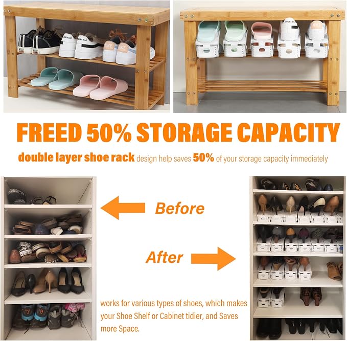 LEIMO Shoe Slots Organizer, 20-PACK Adjustable Shoe Stacker, Double Layer Stack Shoe Holder Space Saver, White Shoe Stacker for Closet Organization, 4310869 - Image 3