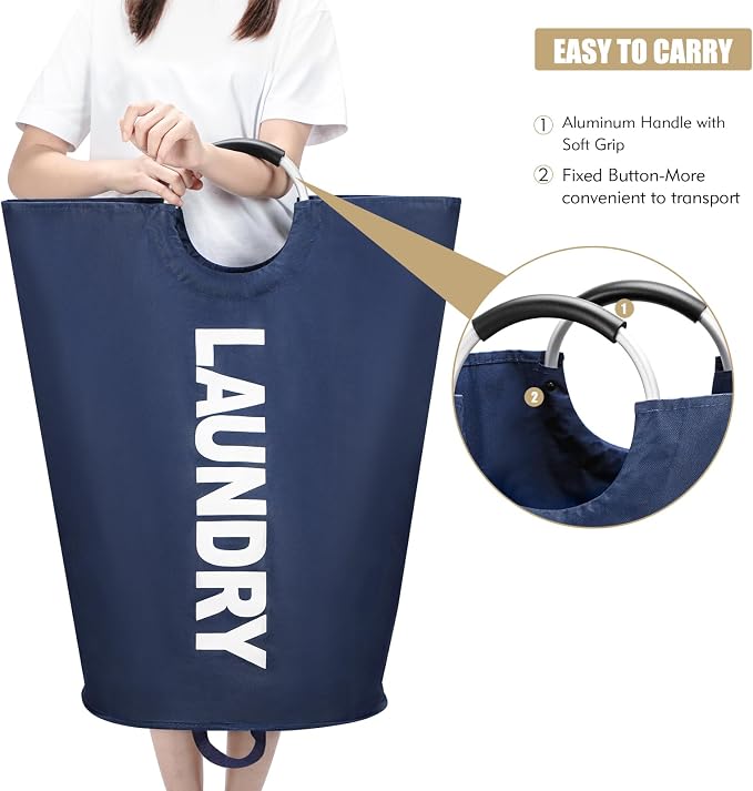 Maxsilan 90L Large Laundry Basket Bag, Collapsible Tall Hamper, Dark Blue - Image 5