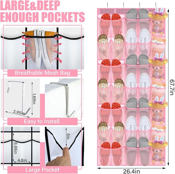 Windyun 2 Pcs 40 Pocket Over The Door Shoe Organizer, Pink - Image 2