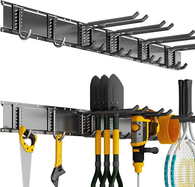 Garage Tool Organizer Wall Mount, 32 Inch Heavy Duty Garden Tool Organizer Storage System, Easy Install with 6 Adjustable Straight Hooks, for Garage, Basement, Shed, Workshop, Black, Steel by CRXCRC