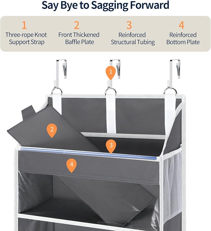 Yecaye 5 Tier Clear Over the Door Organizer Hanging, 5 Large Plastic Pockets and 10 Side Pockets Back of Door Organizer, 56lbs Weight Capacity Behind the Door Storage for Nursery, Deep Gray - Image 4
