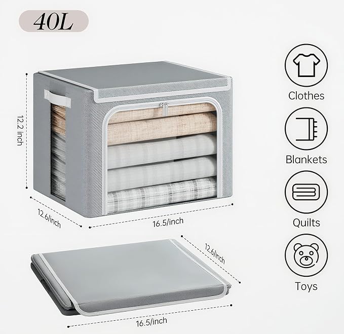 Yecaye Clothing Storage Bin with Lid, Clothes Storage Grey, 40L, 4 Pack | Metal Frame, Foldable, Stackable, Clear Window, Zippers, PU Leather Handles - Image 2