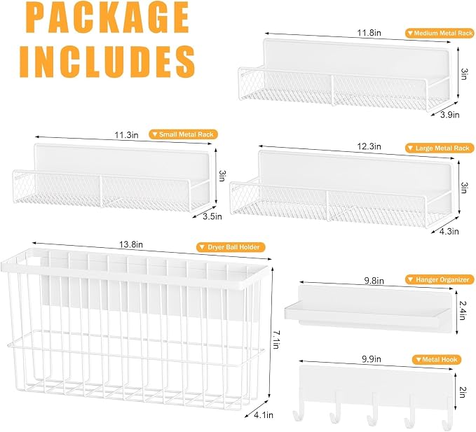 6 Pack Magnetic Shelves for Washing Machine, Magnetic Spice Rack Organizer for Refrigerator, Magnetic Shelf with Hanger Organizer, Metal Magnetic Basket, Laundry Organization and Storage, White - Image 2