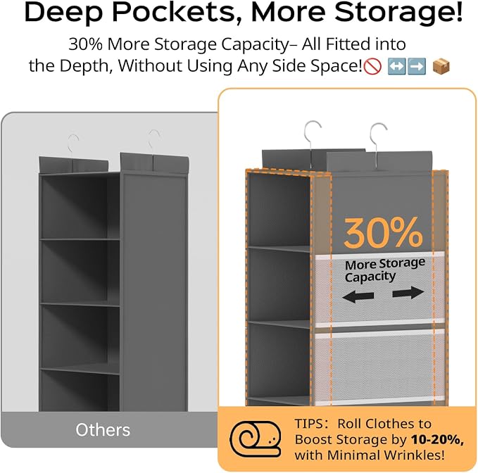 Deep Hanging Closet Organizers and Storage, Closet Hanging Storage Shelves with 5 Shelves and 4 Mesh Pockets, Heavy-Duty Closet Organizer for Clothes, Hats, and RVs and Dorm Essential,1-Pack, Grey - Image 3