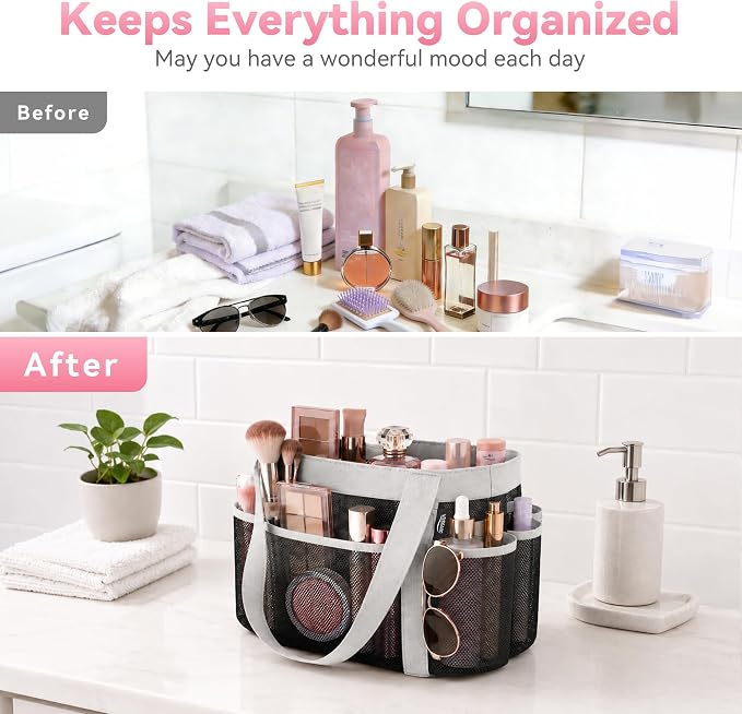 YASONIC Double Handles Mesh Shower Caddy Portable for College Dorm Essentials, 8 Pockets Large Capacity Shower Organizer for Girls, Quick-Dry Hanging Toiletry Bag for Bathroom Travel, Black&Grey - Image 6