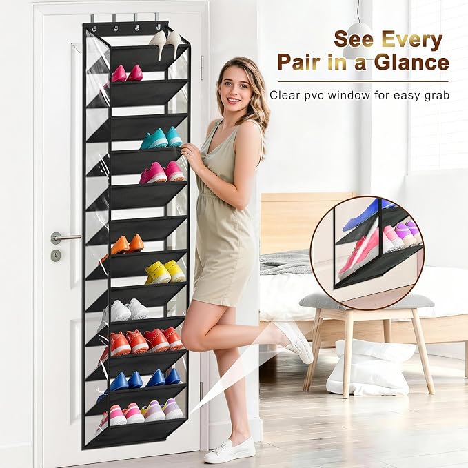 MISSLO 36 Pairs Clear Over the Door Shoe Organizer Closet Hanging Shoe Rack for Door with Large Deep Pockets Shoes Hanger Holder for Sneakers, Boots, Heels Storage (Black) - Image 4