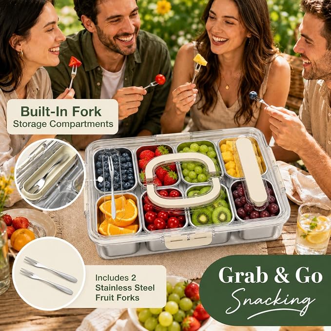 Ankou Snackle Box Container, Stainless Steel Divided Serving Tray with Lid, Handle and Forks - Image 4