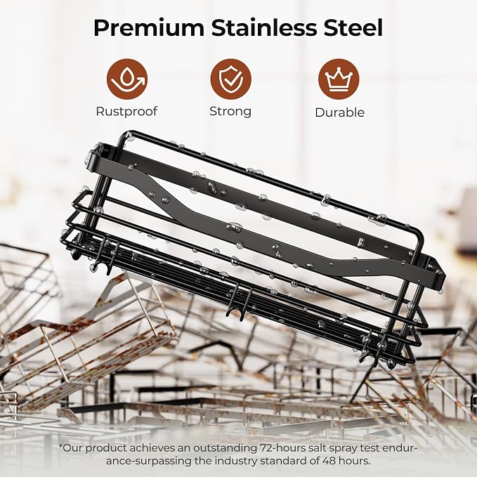 Orimade Adhesive Shower Caddy Shelf with 5 Hooks Organizer Storage Rack Rust Resistant Wall Mounted Stainless Steel No Drilling for Bathroom, Toilet, Kitchen - 2 Pack,Black - Image 8