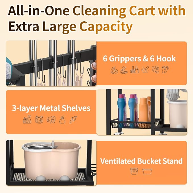 Broom Holder with Cleaning Supplies Organizer, 30.7"Wx11.8"Dx34.6"H - Image 4