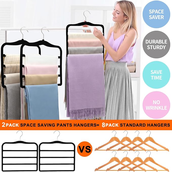 2-Pack Velvet Pants Hangers - Space Saving Multi-Layer Non-Slip Closet Organizers for Jeans, Trousers & Scarves - Ideal Dorm Room Storage Solution for Small Spaces - Image 4