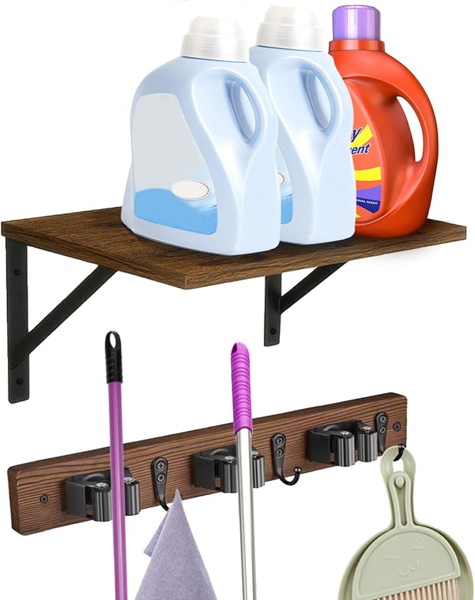 Broom and Mop Organizer Wall Hanging with Cleaning Supplies Organizer Shelf Rustic Farmhouse Wood Broom Mop Holder Storage Rack for Laundry Room Garage (1, Brown) by Unknown