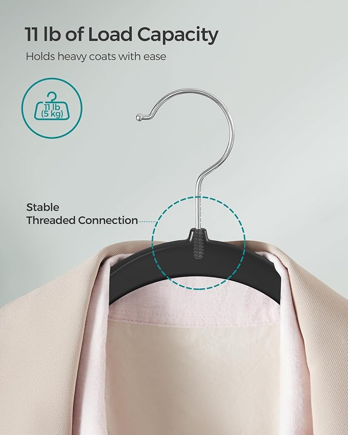 SONGMICS Plastic Clothes Hangers, Pack of 50, Space-Saving | 0.2 Inches Thick, 17.7 Inches Wide, 360° Swivel Hook, Black, BREANNA Collection UCRP50B - Image 3