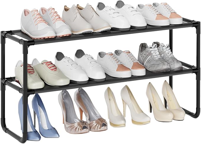 Long Shoe Rack, 2-Tier Stackable Shoe Organizer for Closet, Entryway, Hallway, Extra Bottom Layer, Holds 12-15 Pairs, Sturdy & Durable Waterproof Fabric Shelf, Space-Saving,Black(35.8" Wide) by COAPUKT