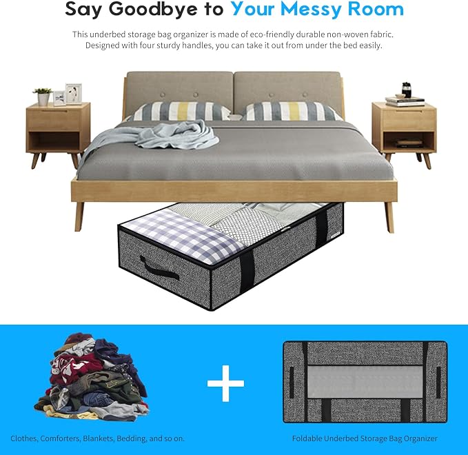 Onlyeasy Foldable Underbed Bags - 2 Pack Blankets Clothes Comforters Storage Bag Breathable Zippered Organizer for Bedroom with Clear Window and 4 Handles, 100 x50 x15cm, Linen-Like Black, MXAUBBP2 - Image 6