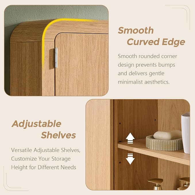 Over the Toilet Storage Cabinet, 69.69" Curved Bathroom Storage Organizer Cabinet with Doors and Adjustable Shelves, Wooden Free Standing Toilet Space Saver Rack, Natural - Image 5
