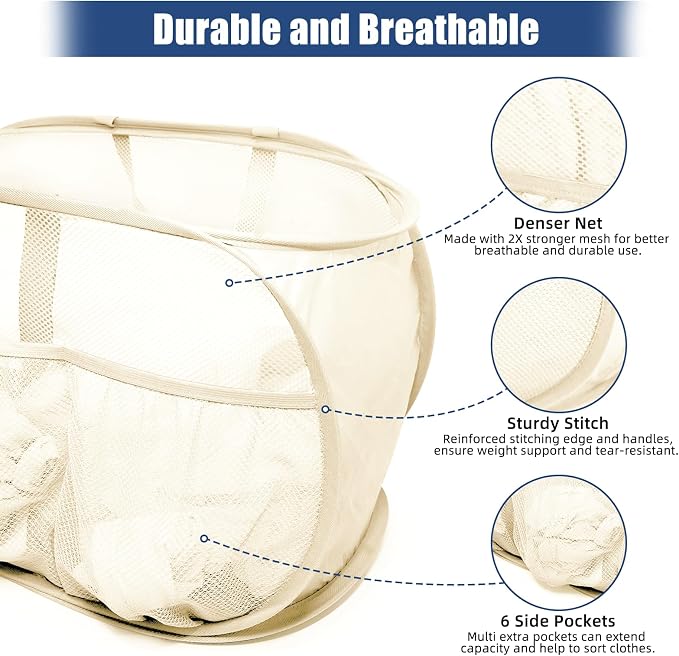 Collapsible Laundry Baskets, Upgrade Pop Up Laundry Hamper with Convenient Bags, Foldable Laundry Basket Mesh Light Weight, Easy to Carry Clothes Hampers for Laundry, Dorm, Toys, Travel Beige - Image 5