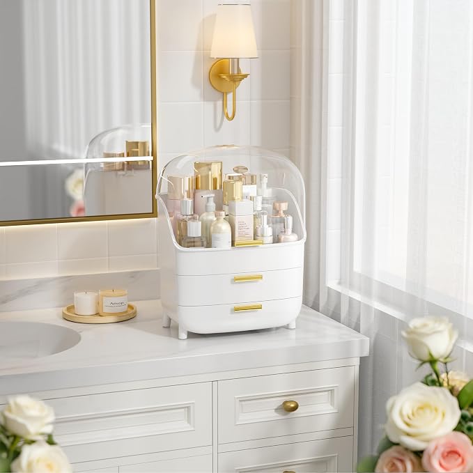 Vtopmart 3-Tier Skincare Makeup Organizer with Drawer and LId, White - Image 6